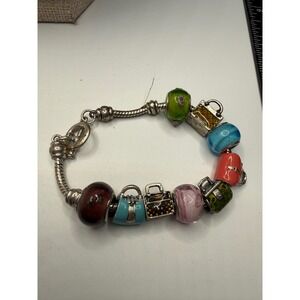 Silver Tone Snake Chain Charm Bracelet with Murano Glass Beads and Purse Charms